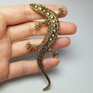 Vintage Lizard Brooch, Gold Tone Gecko, Figural Animal Signed Estate